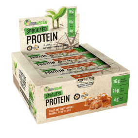 Front of Iron Vegan Sprouted Protein Bar Sweet and Salty Caramel, 12 Bars