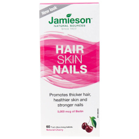 Front of Jamieson Vitamins Biotin Hair, Skin, Nails Natural Cherry, 60 Tablets