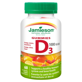 Front of Jamieson Vitamins Vitamin D3 Gummies 1000 IU Orange, Lemon, Strawberry, 60 Gummies