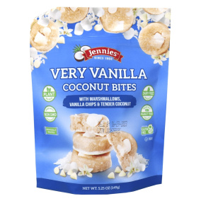 Front of Jennies Very Vanilla Coconut Bites With Marshmallows