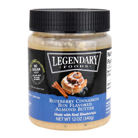Front of Legendary Foods Blueberry Cinnamon Bun Flavored Almond Butter, 340g