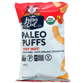 Front of Lesser Evil Organic Grain Free Paleo Puffs Fiery Hot, 142g