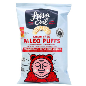 Front of Lesser Evil Organic Grain Free Paleo Puffs Himalayan Salt Apple Cider Vinegar, 140g