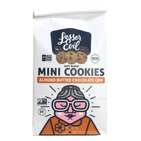 Front of Lesser Evil Soft Baked Grain-Free Mini Cookies Almond Butter Chocolate Chip, 126g