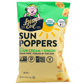 Front of Lesser Evil Grain Free Sun Poppers Vegan Sour Cream + Onion, 113g