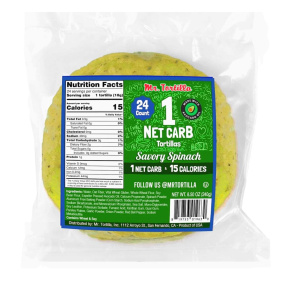 Front of Mr. Tortilla 1 Net Carb Tortillas Savoury Spinach