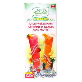 Front of Mrs. J's Natural Organic Juice Freeze Pops Strawberry Mango & Orange Pineapple