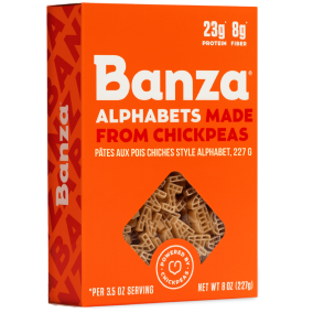Front of Banza Chickpea Pasta Alphabets, 227g