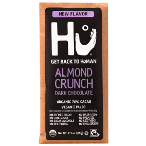 Front of Hu Kitchen Organic 70% Dark Chocolate Almond Crunch Bar, 60g