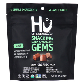 Front of Hu Kitchen Snacking Gems Dark Chocolate Mint, 99g