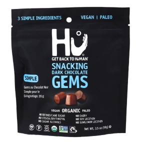 Front of Hu Kitchen Snacking Gems Dark Chocolate Simple, 99g