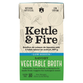 Front of Kettle & Fire Low Sodium Savory Vegetable Cooking Broth, 907g