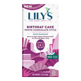 Front of Lily’s Birthday Cake White Chocolate Style Bar, 80g