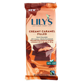 Front of Lily’s Creamy Caramel Filled 55% Cocoa Dark Chocolate, 80g