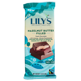 Front of Lily’s Hazelnut Butter Filled 55% Cocoa Dark Chocolate, 80g