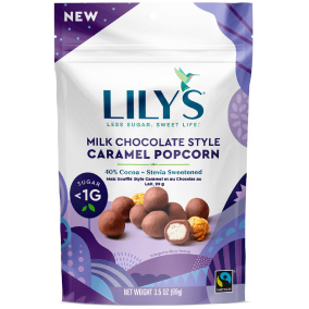 Front of Lily's Milk Chocolate Style Caramel Popcorn, 99g 