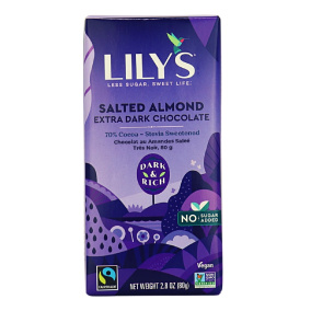 Front of Lily's Extra Dark Chocolate Salted Almond at Natura Market