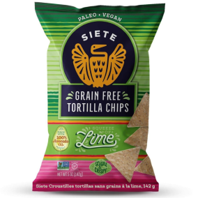 Front of Siete Lime Grain Free Tortilla Chips, 142g
