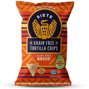 Front of Siete Nacho Grain Free Tortilla Chips, 142g