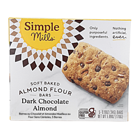 Front of Simple Mills Grain-Free Soft Baked Almond Flour Bars Dark Chocolate Almond, 5 Bars