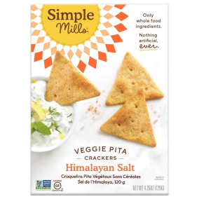 Front of Simple Mills Grain-Free Veggie Pita Crackers Himalayan Salt, 120g
