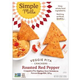 Front of Simple Mills Grain-Free Veggie Pita Crackers Roasted Red Pepper, 120g