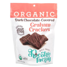 Front of Nut-Free Chocolate Factory Dark Chocolate Covered Graham Crackers