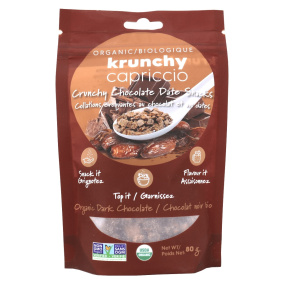 Front of Krunchy Capriccio Organic Crunchy Date Snacks Dark Chocolate