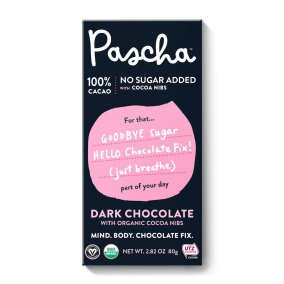 Front of Pascha Black Bar 100% Cacao Dark Chocolate with Cocoa Nibs, 80g