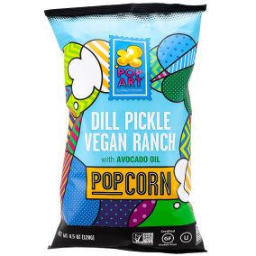 Front of Pop Art Gourmet Popcorn with Avocado Oil Dill Pickle Vegan Ranch