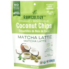 Front of Rawcology Matcha Latte Superfood Coconut Chips, 70g