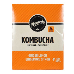 Front of Remedy No Sugar Kombucha Ginger Lemon, 4 x 330mL cans