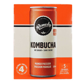Front of Remedy Sugar-Free Kombucha Mango Passion, 4 x 330mL cans
