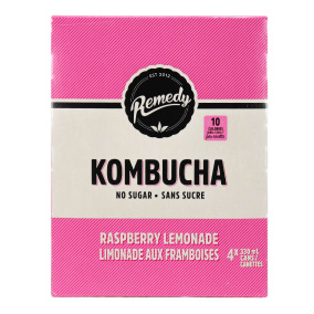 Front of Remedy No Sugar Kombucha Raspberry Lemonade, 4 x 330mL cans