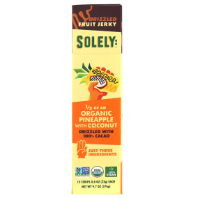 Front of Solely Organic Drizzled Fruit Jerky Pineapple Coconut