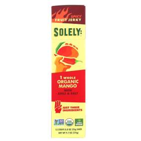Front of Solely Organic Spicy Fruit Jerky Mango With Chili Salt