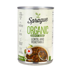 Front of Sprague Organic Lentil Soup with Vegetables, 425g