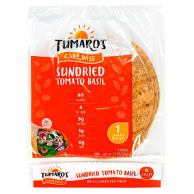 Front of Tumaro’s Carb Wise Sundried Tomato Basil Wraps, 8 Wraps