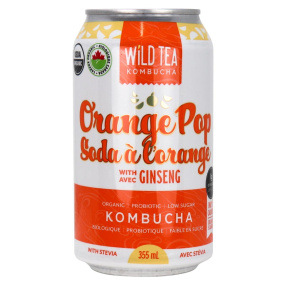 Front of Wild Tea Kombucha Low Sugar Orange Pop With Ginseng