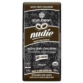 Front of Zazubean Nudie 80% Extra Dark Chocolate Coconut Sugar Chocolate, 85g